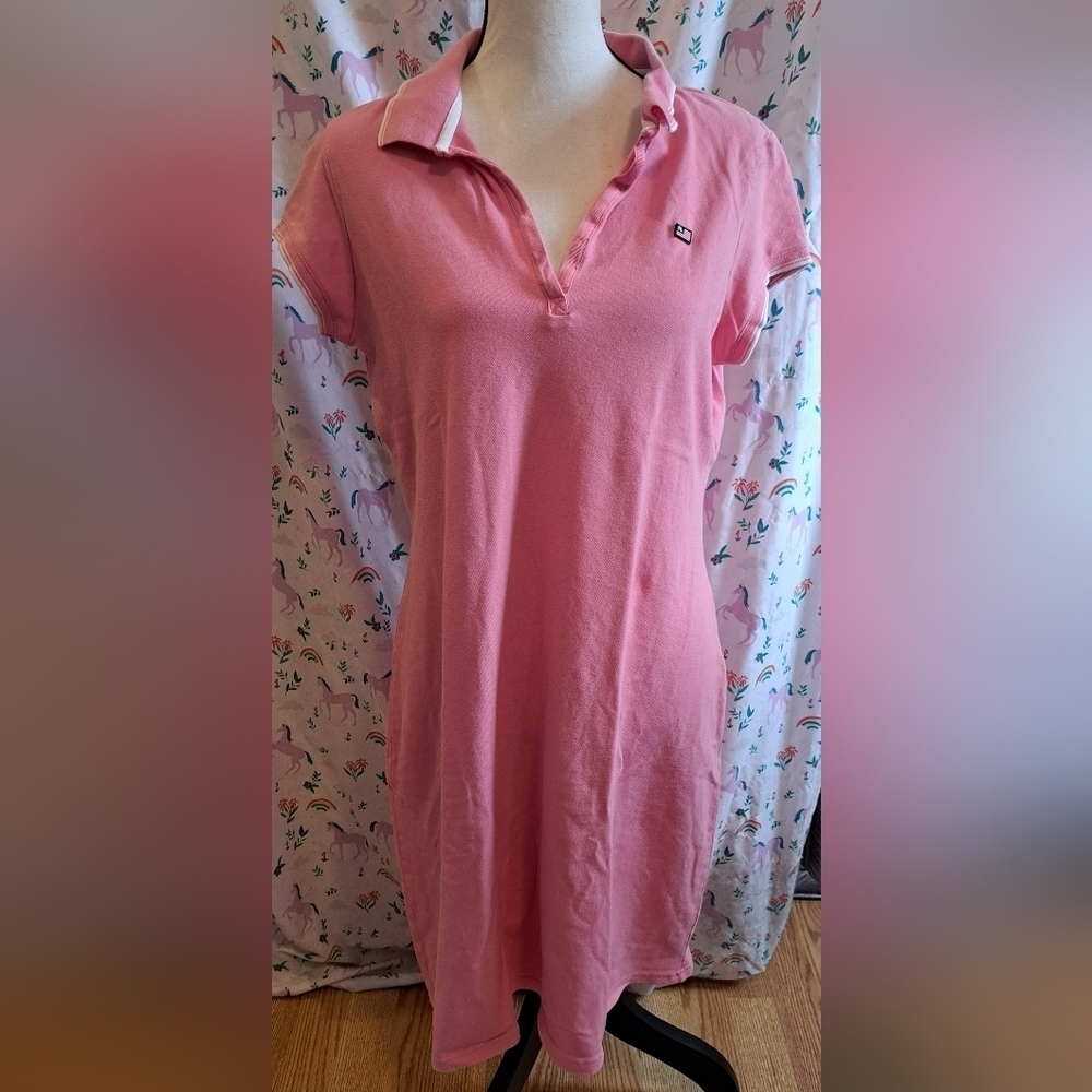 EUC Polo Pink Cotton Casual Athleisure Prep V Neck Collar Midi Dress SZ L
